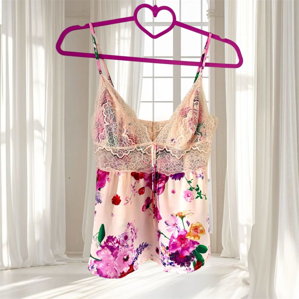 Victoria's Secret Floral Lace Trim Camisole Adjustable Straps Pink Size S